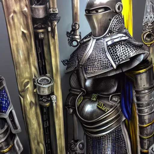 Image similar to cyberpunk medieval armor on rack in a studio, concept art, hyper realistic, hyper detailed, oil pastel,