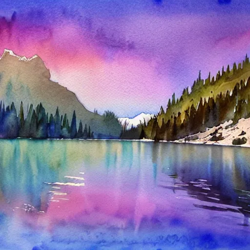 Prompt: alpine lake. bautiful sunrise. watercolor. trending on artstation