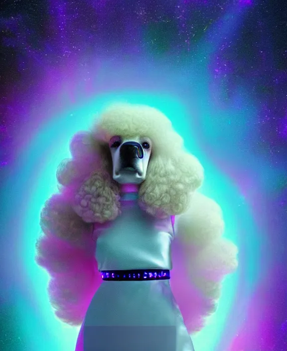 Image similar to a beautiful portrait of a poodle inside an holographic spacesuit, galactic landscape, cinematic, volumetric fog, risographic, digital art, 4 k, vintage sci - fi, inspired by moebius, inspired by thim white, inspired by h. r. giger