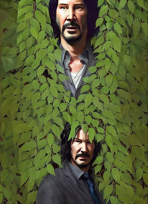 Image similar to highly detailed comedy caper movie poster with silly wacky zany keanu reeves hiding in leaves, keanu reeves face inside a leafy bush by greg rutkowski