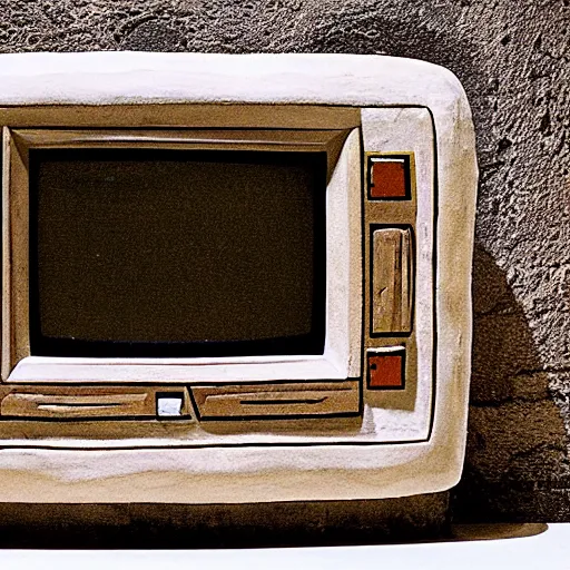 Image similar to a retro crt television carved from stone, ttelevision made by ancient taino and aztec