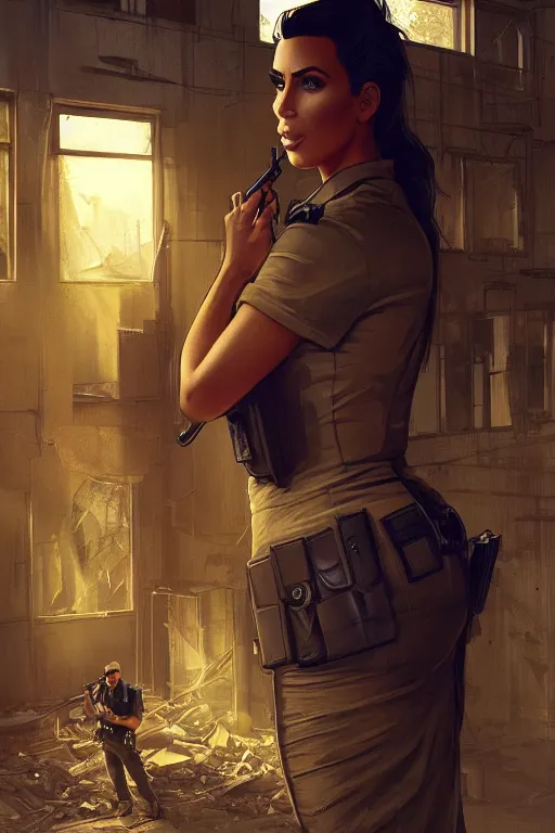 Image similar to photo of kim kardashian as a cop inside a derelict apartment, glowing walkie talkie, realistic, long shot, symmetrical, highly detailed, digital painting, artstation, concept art, smooth, sharp focus, illustration, cinematic lighting, art by artgerm and greg rutkowski and alphonse mucha