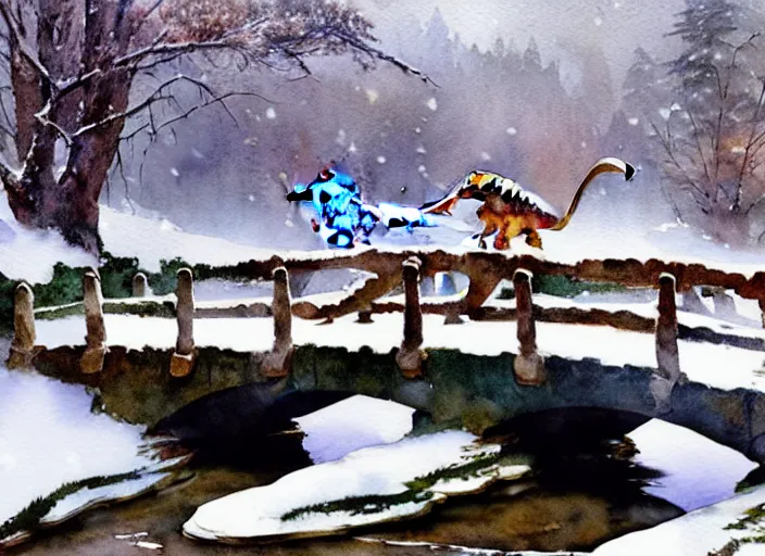 Prompt: watercolor of faraway dinosaur on rustic stone bridge in winter landscape, glistering, high detailed art by dennis miller bunker, work by anders zorn, wonderful masterpiece by greg rutkowski, beautiful cinematic light, american romanticism by greg manchess, creation by tyler edlin