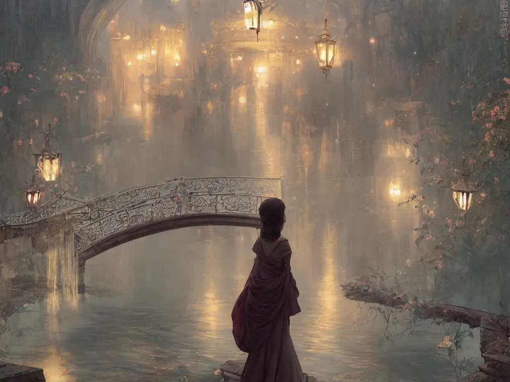 Prompt: a beautiful painting of a girl resembling millie bobby brown standing on a bridge, watching the view from the river of the lantern festival in a an ancient italian town, at night with a sky full of stars, intricate, elegant, highly detailed, digital painting, artstation, concept art, by krenz cushart and artem demura and alphonse mucha