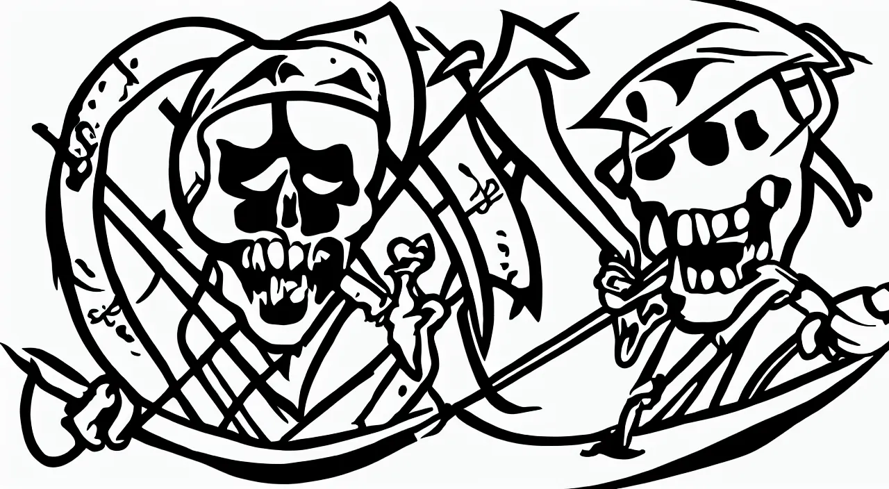 Prompt: black and white line art pirate logo clean simple