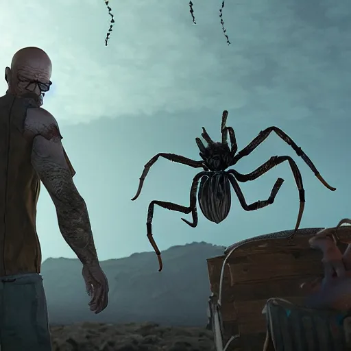 Image similar to walter white as a hideous spider, horror, photorealistic,, features intricate detail, epic composition and the style of unreal engine.