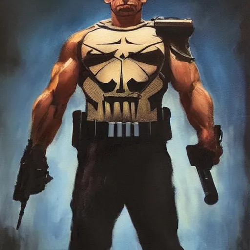 Image similar to mitch fatel as the punisher, painting by frank frazetta, highly detailed, high quality, 8 k, soft lighting, realistic face, path traced