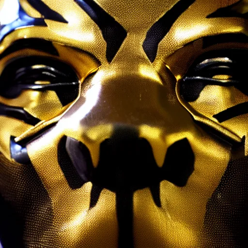 Image similar to a close up photo of a detailed golden statue of Black Panther, 8K,