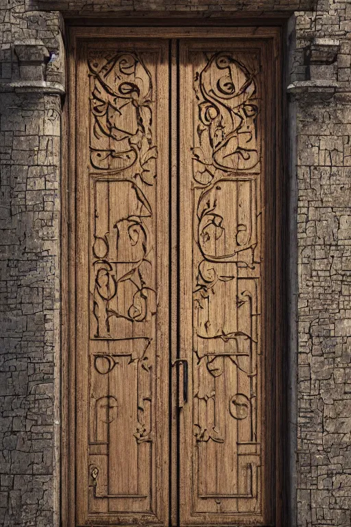 Prompt: a huge old heavy weathered wooden door made with rush plant ornaments in bright metalllic element, ornate, fantasy, photorealistic, octane render, volumetric light, high definition, ultra detailed, artstation, deviantart, cgsociety