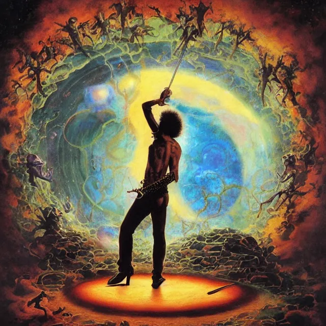 Prompt: jimi hendrix standing in a circle at the beginning of the world by greg rutkowski and frank frazetta and peter mohrbacher and william blake and dan mumford