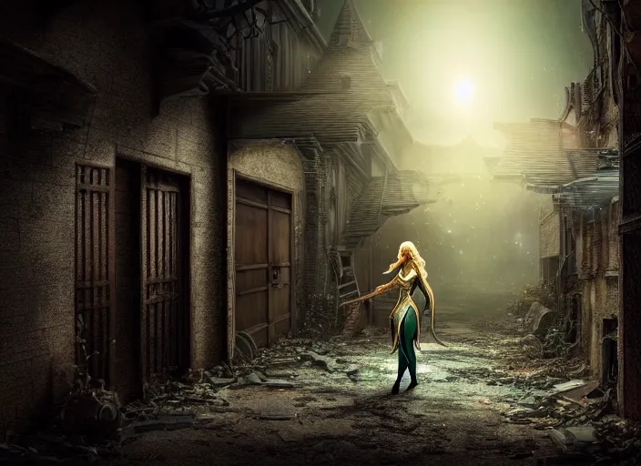 Prompt: photo of an alley of an abandoned city at night with a lone elven woman warrior sitting in the corner next to a closed door. Fantasy magic horror style. Highly detailed 8k. Intricate. Nikon d850 55mm. Award winning photography.