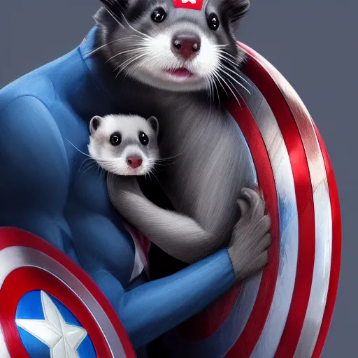 Prompt: A ferret is cuddling Captain America, hyperdetailed, artstation, cgsociety, 8k