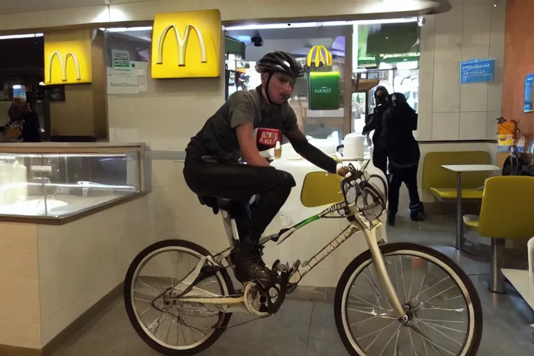 Image similar to cyclist in toilet!!! inside mcdonalds is eating donuts!!! and drinking yerba!!! mate