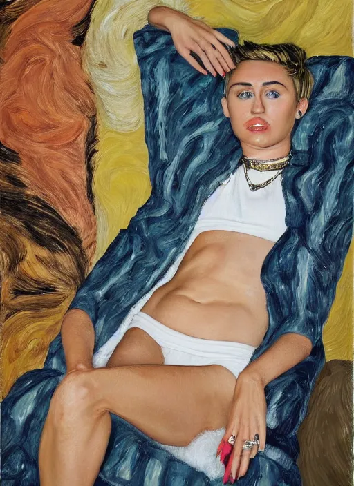 Image similar to Miley Cyrus, painted by Lucian Freud, highly detailed, 8k