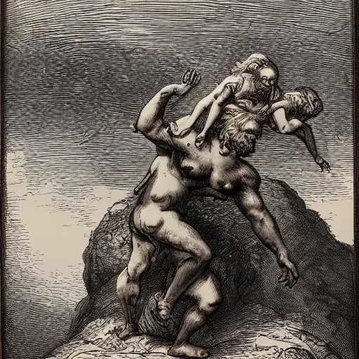 Image similar to Sisyphus carrying a fat lady on his shoulders up a mountain in hell, by Gustave Dore, rich colors, dark red orange brown black color palette