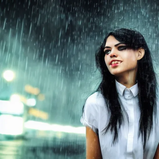 Image similar to a beautiful photo of a young woman in a white shirt in the rain outside in the street in a cyberpunk city