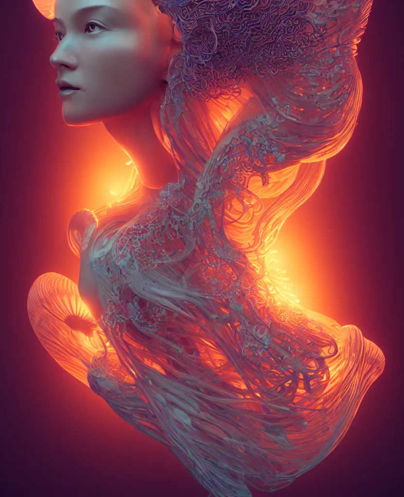 Prompt: goddess portrait. jellyfish phoenix head. nautilus butterfly intricate artwork by Tooth Wu and wlop and beeple. octane render, trending on artstation, greg rutkowski very coherent symmetrical artwork. cinematic, hyper realism, high detail, octane render, 8k