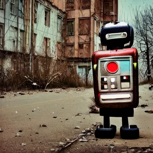 Image similar to polaroid of funny robot walking in abandoned soviet city