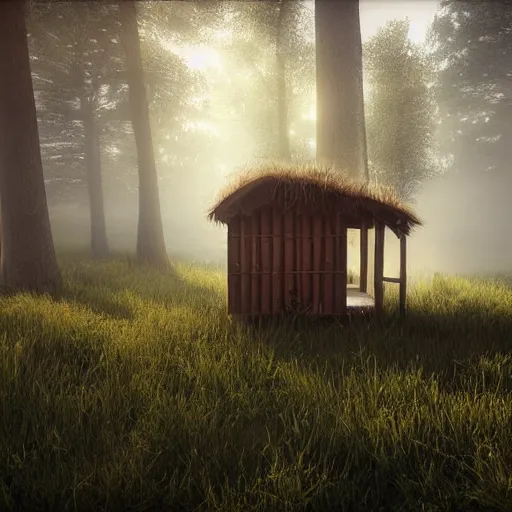 Image similar to still shot of a hut covered in morning fog, highly detailed, photorealistic portrait, bright studio setting, studio lighting, crisp quality and light reflections, unreal engine 5 quality render