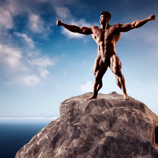 Prompt: god physique, greek god, standing on top of mountain, ultra realistic, concept art, posing, body builder, award, inspirational, realistic lighting, real life, unreal engine render, windy