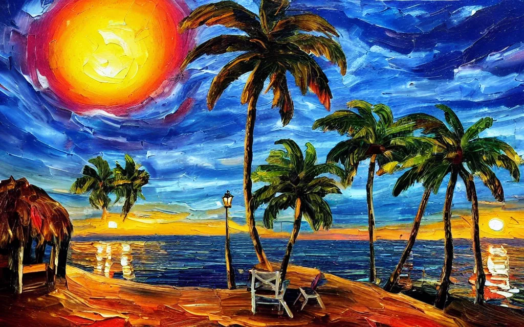 Prompt: a very very small island! with a paved patio, cute cozy large cottage!! with chairs and string lights!!!, palm trees, dark very late evening cloudy sunset, dramatic and dynamic lighting, thick brush strokes oil impasto painting