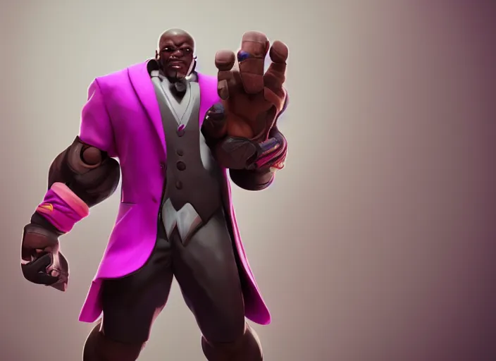 Image similar to doomfist, pink blazer, overwatch game, digital art, high detailed, artstation, octane render