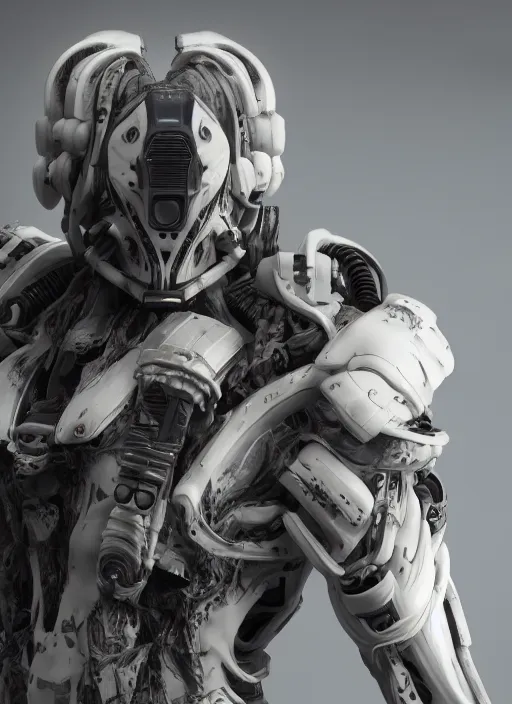 Image similar to a photorealistic dramatic hyperrealistic render of a predator the alien hunter exosuit in white bone armor, ultra realistic details, well worn by paul dave malla, cedric seaut from artstation, beautiful dramatic dark moody tones and lighting, cinematic atmosphere, studio lighting, global illumination, shadows, dark background, concept design art octane render, 8 k