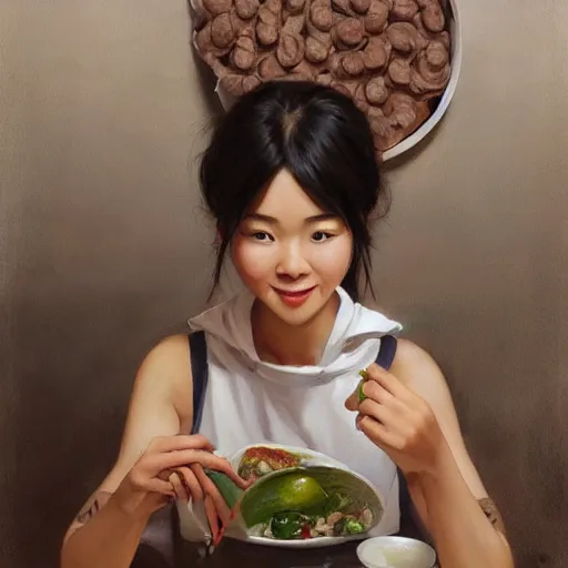 Prompt: a dinner date with the cute Asian girl next door, slice of life, modern, realistic, looking at the camera, happy! casual!! medium shot. highly detailed, digital painting, artstation, concept art, matte, sharp focus, illustration, art by Artgerm and Greg Rutkowski and Alphonse Mucha