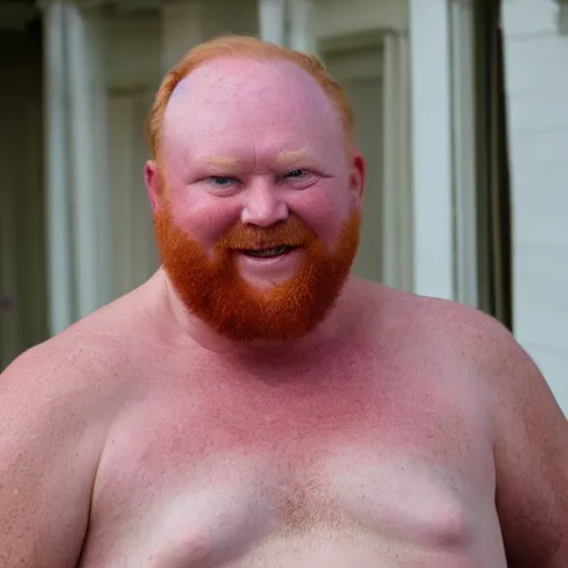 Prompt: 3 / 4 upper body of a 5 0 year old ginger men with crooked teeth, balding, overweight