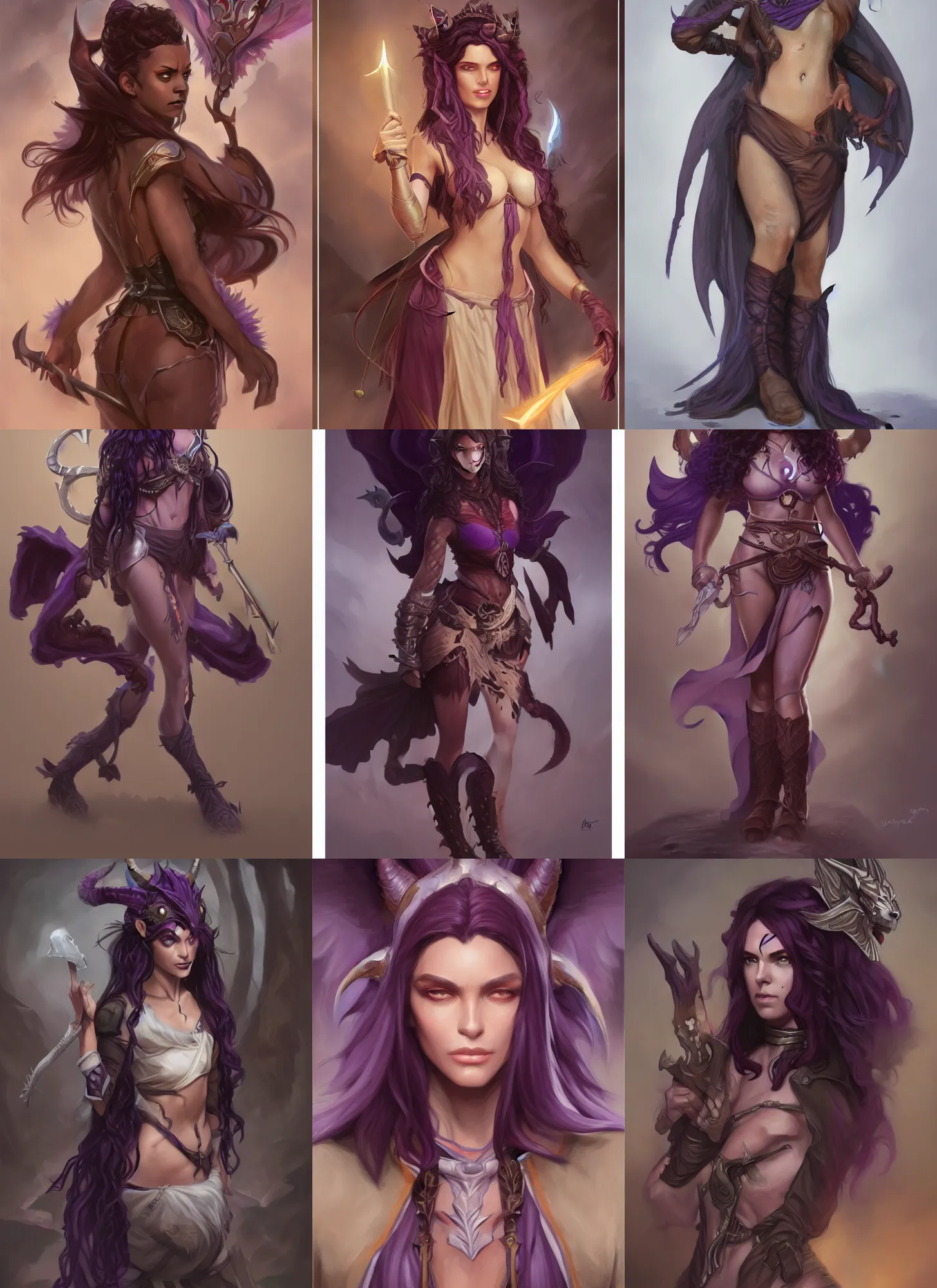 Prompt: Attractive Tiefling Druid, She has light brown skin, dark purple hair, and silver eyes full body, dungeons and dragons portrait, highly detailed, digital painting, artstation, concept art, sharp focus, illustration, art by artgerm and greg rutkowski and alphonse mucha