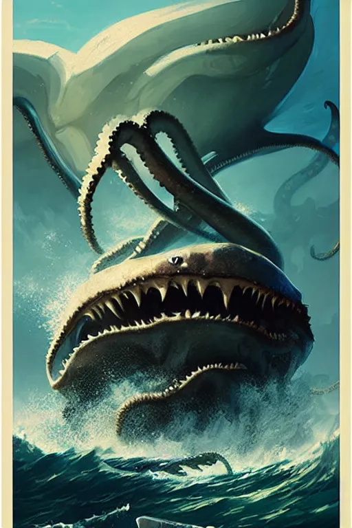 Prompt: greg rutkowski poster, kraken attacking a seaside town