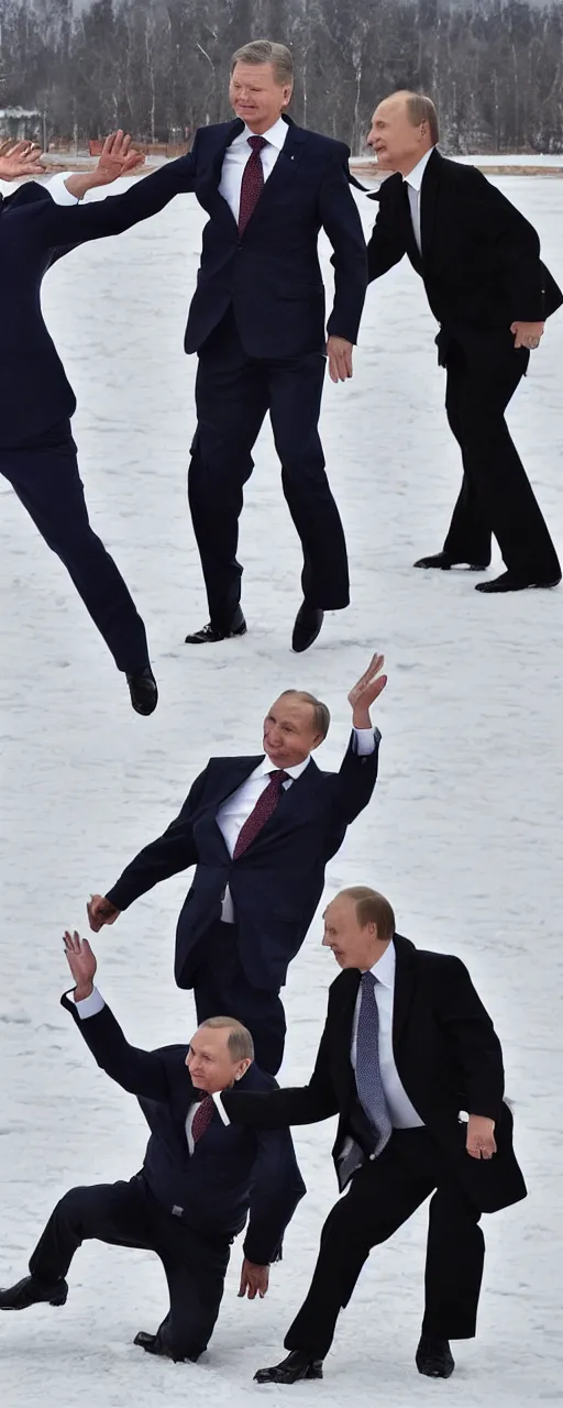 Prompt: the finnish president sauli niinisto doing a superhero landing on top of vladimir putin