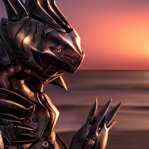 Image similar to cinematic body shot, realistic detailed stunning beautiful armored anthropomorphic female robot dragon, looking to the side with an elegant pose of hand on hip, smooth and streamlined armor and design made of steel, sharp claws and sharp teeth, high quality head, Slick LEDs, on the beach during sunset, high quality, cinematic art, sci fi, sunset lighting, 3D render, 8k, artstation, deviantart, furaffinity