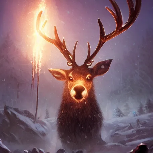 Image similar to Reindeer, Anthropomorphized, casting epic spell, magic the gathering artwork, D&D, fantasy, cinematic lighting, centered, symmetrical, highly detailed, digital painting, artstation, concept art, smooth, sharp focus, illustration, volumetric lighting, epic Composition, 8k, art by Akihiko Yoshida and Greg Rutkowski and Craig Mullins, heroic pose, oil painting, cgsociety, magic lab background