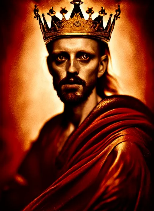 Image similar to 'Portrait of Crowned King Arthur' by Lee Jeffries royally decorated, whirling plasma, atmospheric motes, red and gold Sumptuous garb, gilt silk fabric, radiant colors, fantasy, perfect lighting, studio lit, micro details,