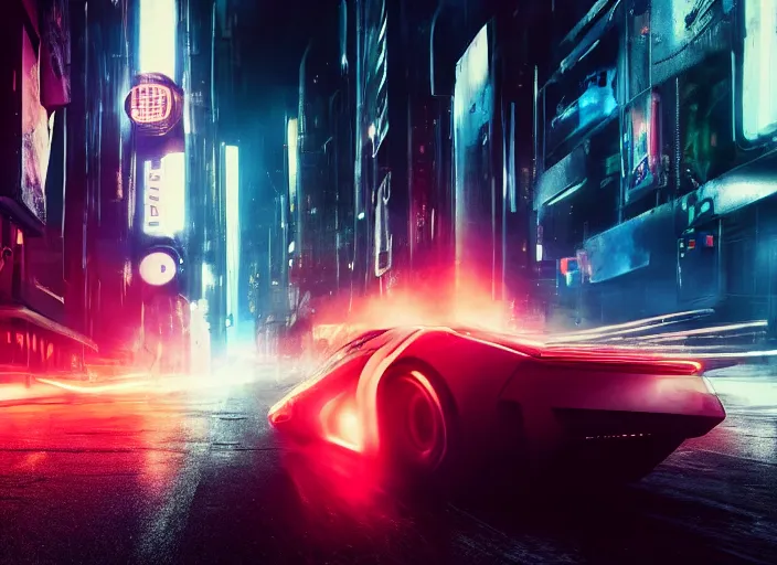 Image similar to Bladerunner2049 street racing man leaning cool pose on his white sports car with red emissives volumetric lighting Cyberpunk RTX ray marching street