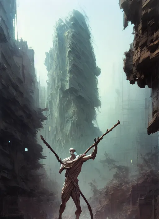 Prompt: a human made of rock holding a staff, entering a busy city, highly detailed, smooth, artstation, digital illustration by ruan jia and mandy jurgens and artgerm and wayne barlowe and greg rutkowski and zdislav beksinski