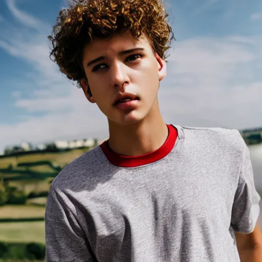 Image similar to white teenager with curly blonde hair red t shirt airpods attractive, high - quality photo realistic highly detailed high - quality 8 k