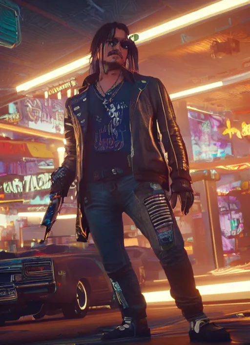 Image similar to film still of Johnny Depp as Johnny Silverhand in Cyberpunk 2077, gameplay, 8k, HD