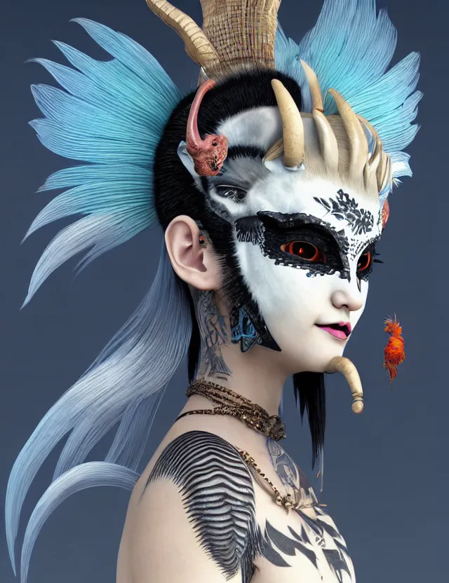 Image similar to 3 d goddess close - up profile simple portrait punk with mohawk with goat skull. beautiful intricately detailed japanese crow kitsune mask and clasical japanese kimono. betta fish, jellyfish phoenix, bio luminescent, plasma, ice, water, wind, creature, artwork by tooth wu and wlop and beeple and greg rutkowski