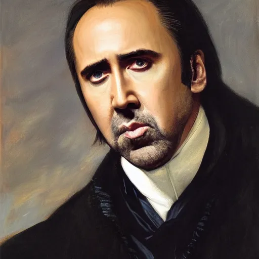 Image similar to Nicolas Cage in a black coat, religious masterpiece portrait, oil on canvas, golden hour, in the world of Andrew Wyeth and Bloodborne, artstation, by J. C. Leyendecker and Peter Paul Rubens,