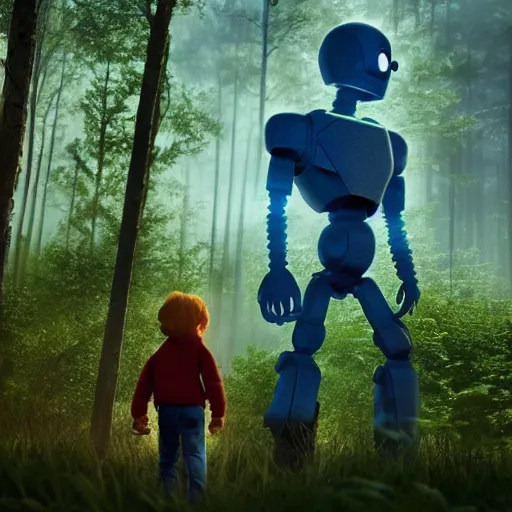 Image similar to ultra realistic and intricate detailed photograph of iron giant with his friend gold giant, 1999 pixar movie, forest, technology, innovation, bright modern style, artstation, unreal render, depth of field, ambient lighting, award winning, stunning