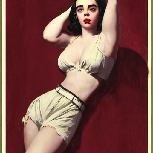 Prompt: billie eilish, 50s, pinup, intricate, highly detailed, artstation, illustration, jurgens, rutkowski, bouguereau