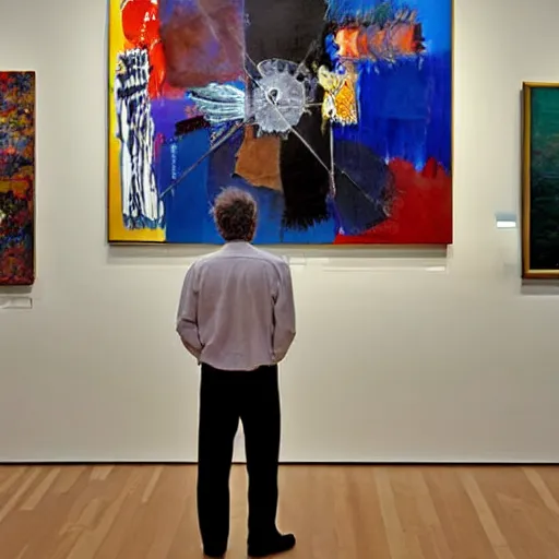 Image similar to a man standing in front of a display of paintings, an abstract painting by robert rauschenberg, pixiv, american scene painting, academic art, dye - transfer, dynamic composition