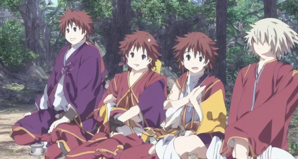 Image similar to Still from a Kyoto Animation anime of a fighter, a mage and a thief resting at camp after a successful adventure