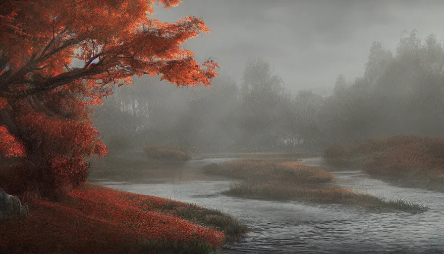 Prompt: autumn, midwest town, grey sky, leafs, trees, river, hyperdetailed, artstation, cgsociety, 8 k