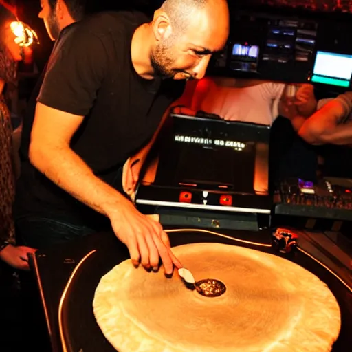 Prompt: in a night club, a disc jockey is scratching with an Israeli pita bread on a turntable