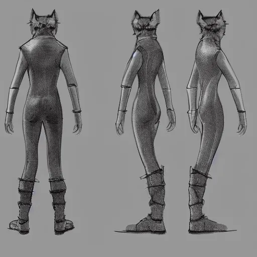 Prompt: cyberpunk cat in suit sketch, front'side and backview'modelling reference sheet