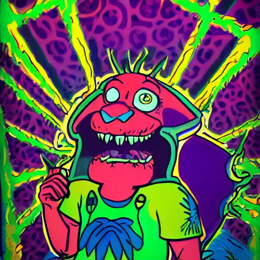 Prompt: barney in a psychedelic dystopian evil nightmare