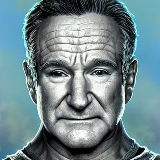 Image similar to Very very very very highly detailed epic photo of Robin Williams, intricate, dystopian, sci-fi, extremely detailed, digital painting, artstation, concept art, smooth, sharp focus, illustration, intimidating lighting, incredible art by Artgerm and Vincent di Fate